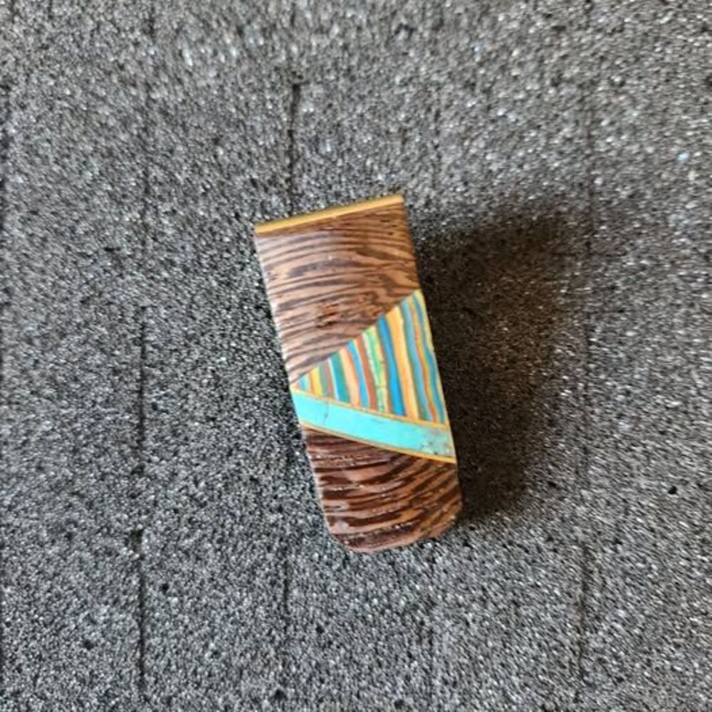 Vintage Southwestern Wood & Turquoise Inlay Money Clip – Brass Hinged